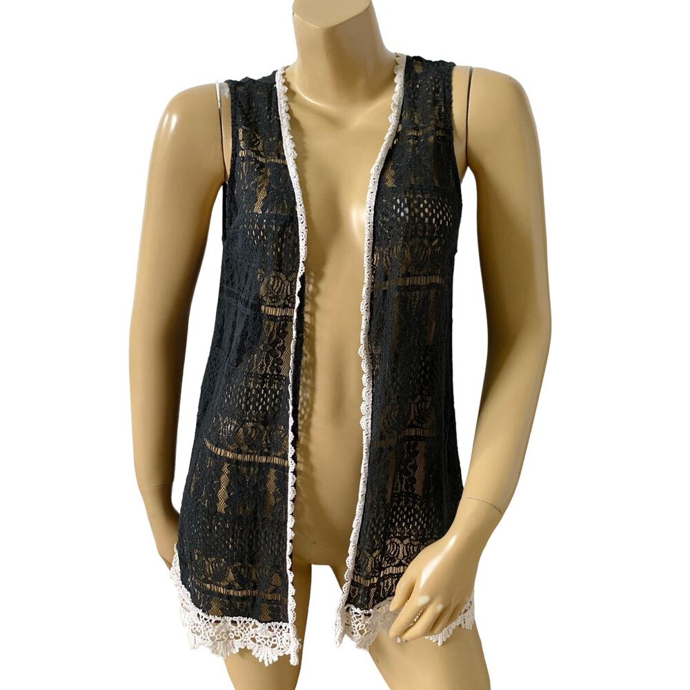 UMGEE Womens Size Small Sheer Sleeveless Black Lace White Trim Open Front Shirt